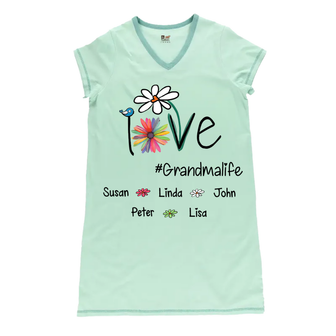Grandma Pajabears® Personalized Women V-Neck Nightshirt Love Life Flower And Grandkids Lv01 V-Neck