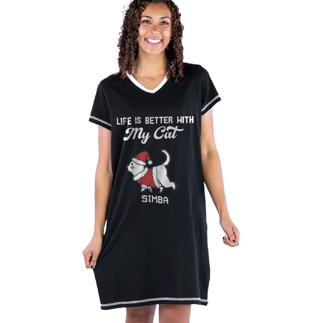 Cat Lovers Pajabears® Personalized Women V-Neck Nightshirt Better Life Walking Lv01 V-Neck