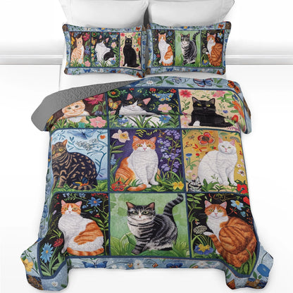 Shineful All Season Quilt 3-Piece Set Cat Floral Felines