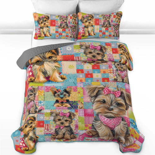 Shineful All Season Quilt 3-Piece Set Adorable Yorkie Patchwork