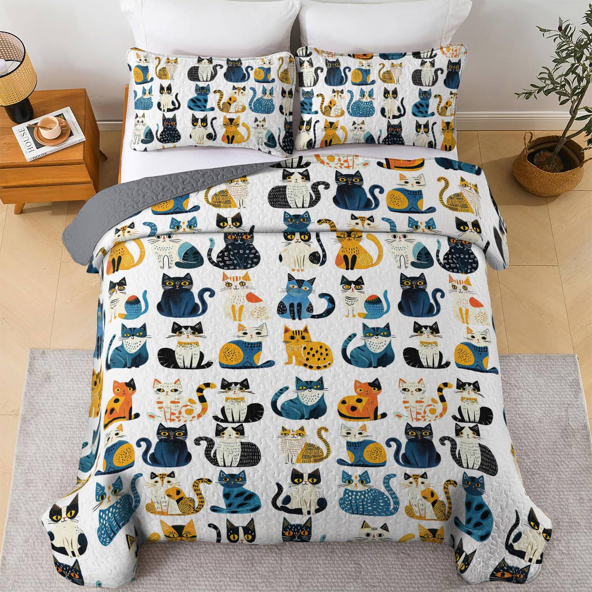 Shineful All Season Quilt 3-Piece Set Blue Pattern Cat