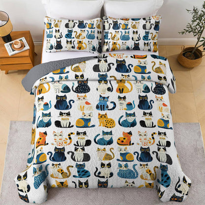 Shineful All Season Quilt 3-Piece Set Blue Pattern Cat