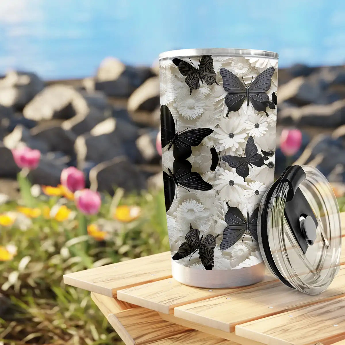 Shineful 20oz Tumbler Black & White Butterfly