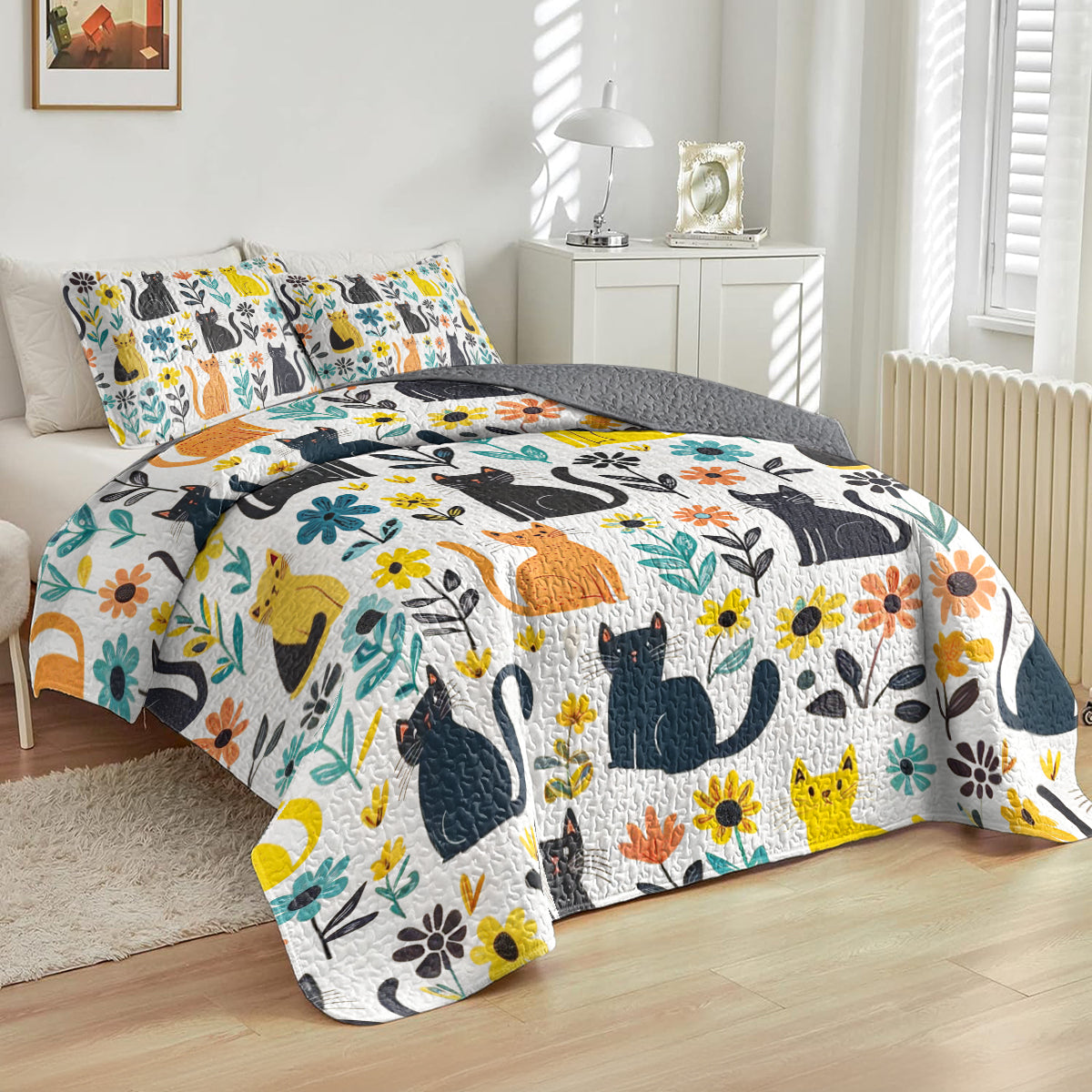 Shineful All Season Quilt 3-Piece Set Floral Cats