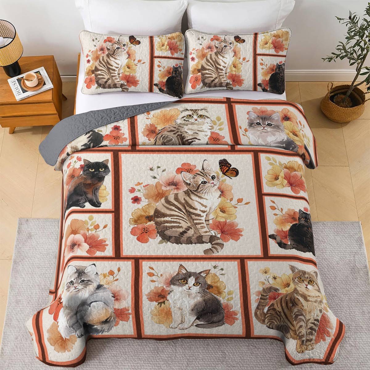 Shineful All Season Quilt 3-Piece Set Cat And Flower