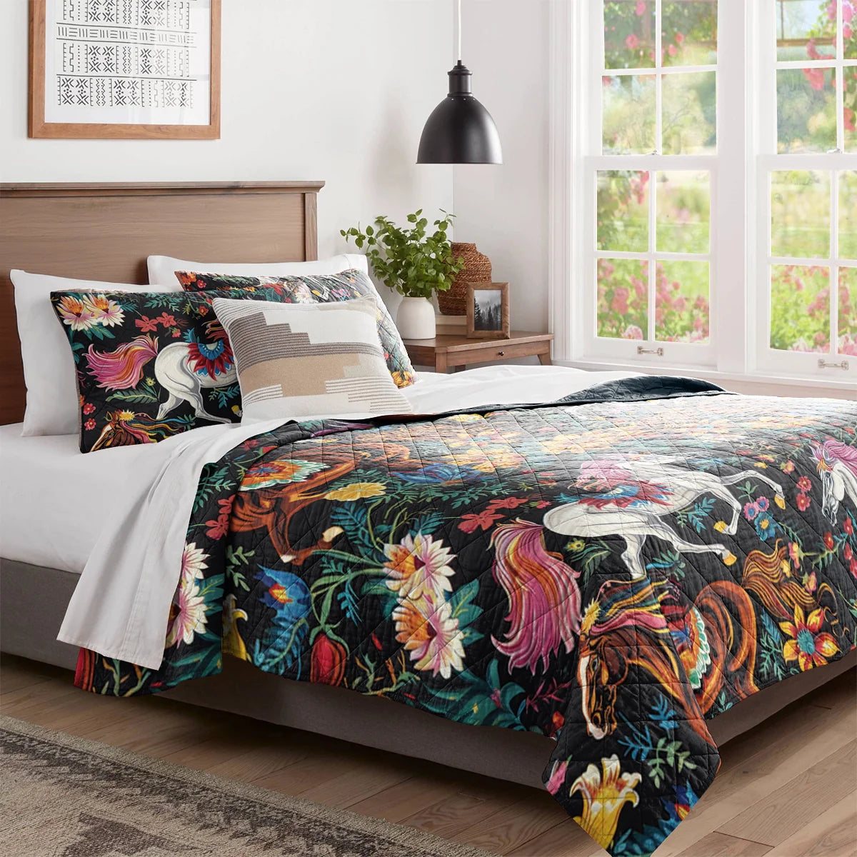 Shineful All Season Quilt 3-Piece Horse Vibrant Flowers