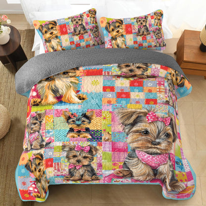 Shineful All Season Quilt 3-Piece Set Adorable Yorkie Patchwork