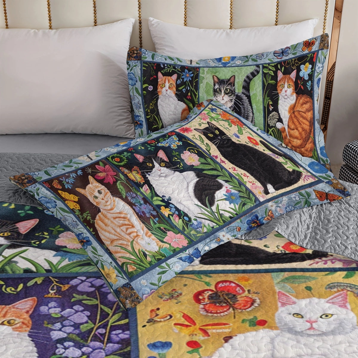 Shineful All Season Quilt 3-Piece Set Cat Floral Felines