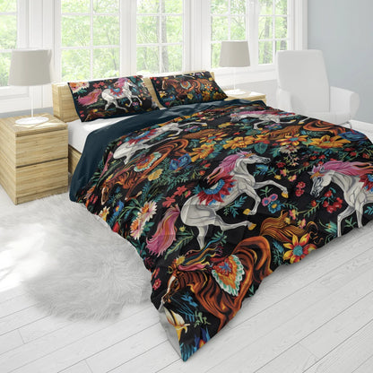 Shineful All Season Quilt 3-Piece Horse Vibrant Flowers