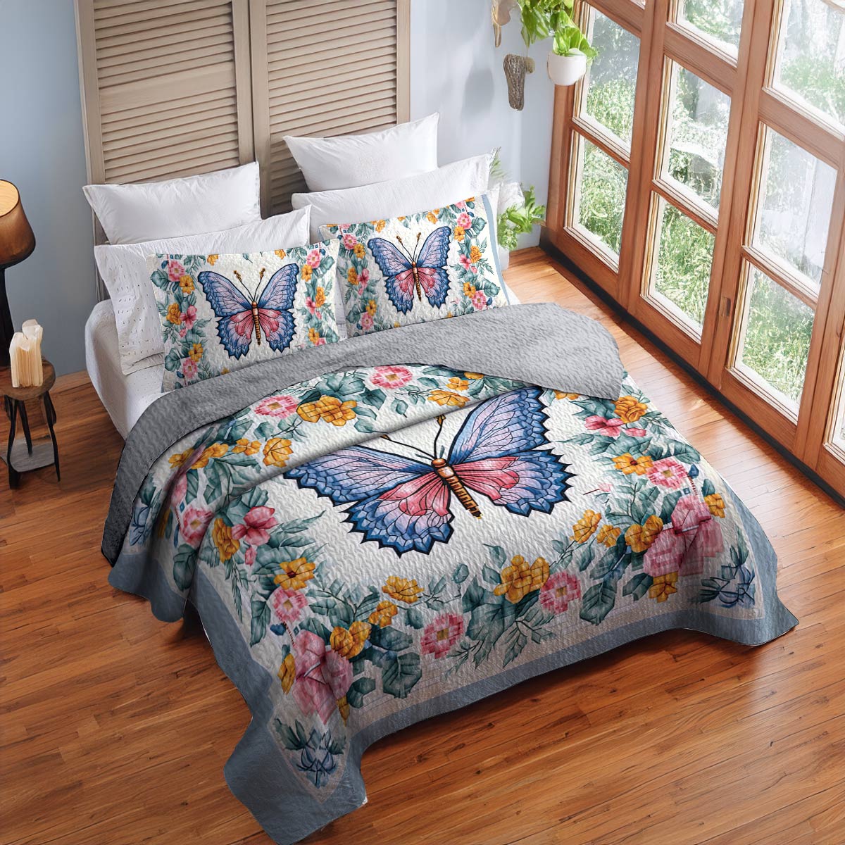 Shineful All Season Quilt 3-Piece Set Butterfly in Flower Garden