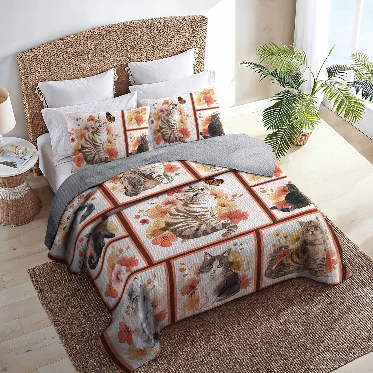 Shineful All Season Quilt 3-Piece Set Cat And Flower