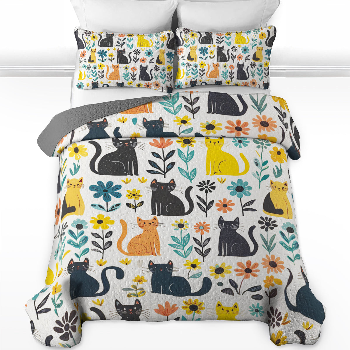 Shineful All Season Quilt 3-Piece Set Floral Cats