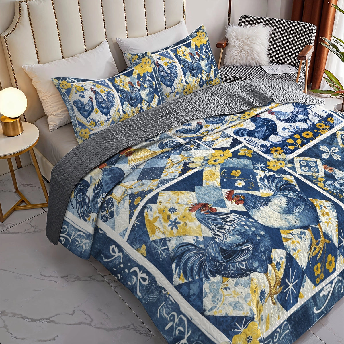 Shineful All Season Quilt 3-Piece Set Blue Rooster