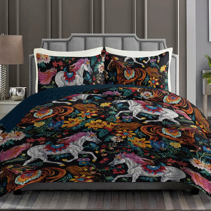 Shineful All Season Quilt 3-Piece Horse Vibrant Flowers