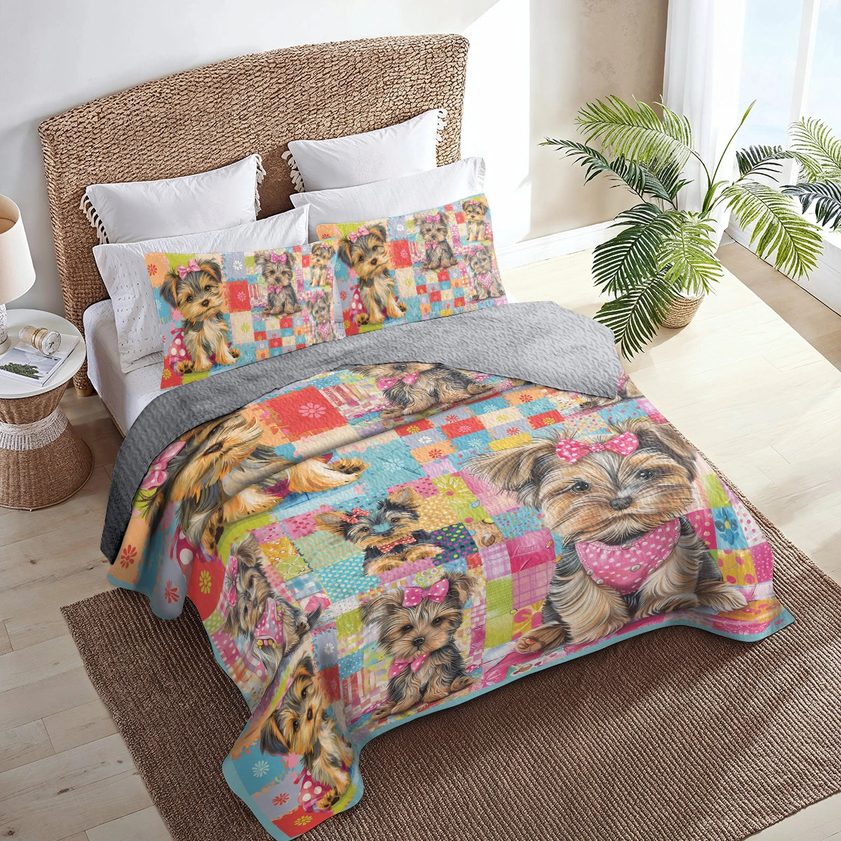 Shineful All Season Quilt 3-Piece Set Adorable Yorkie Patchwork