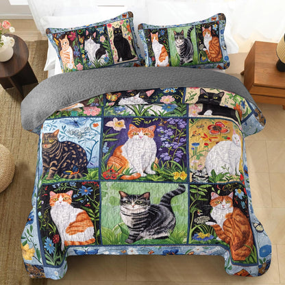 Shineful All Season Quilt 3-Piece Set Cat Floral Felines