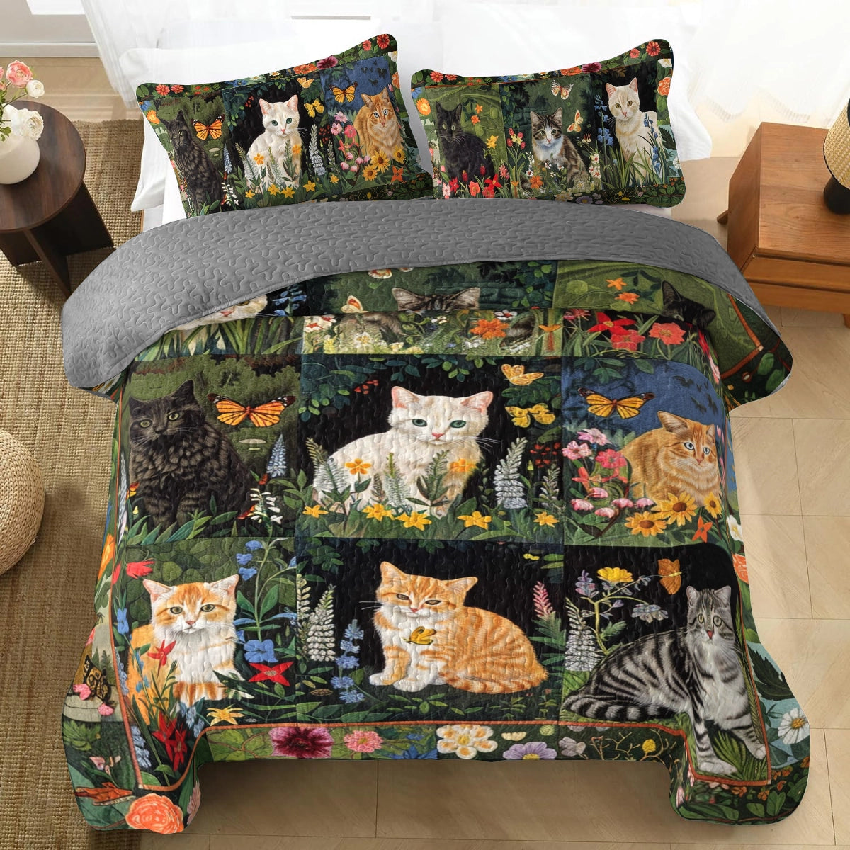 Shineful All Season Quilt 3-Piece Set Cat Garden Whiskers