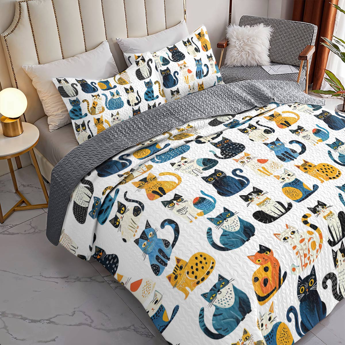 Shineful All Season Quilt 3-Piece Set Blue Pattern Cat