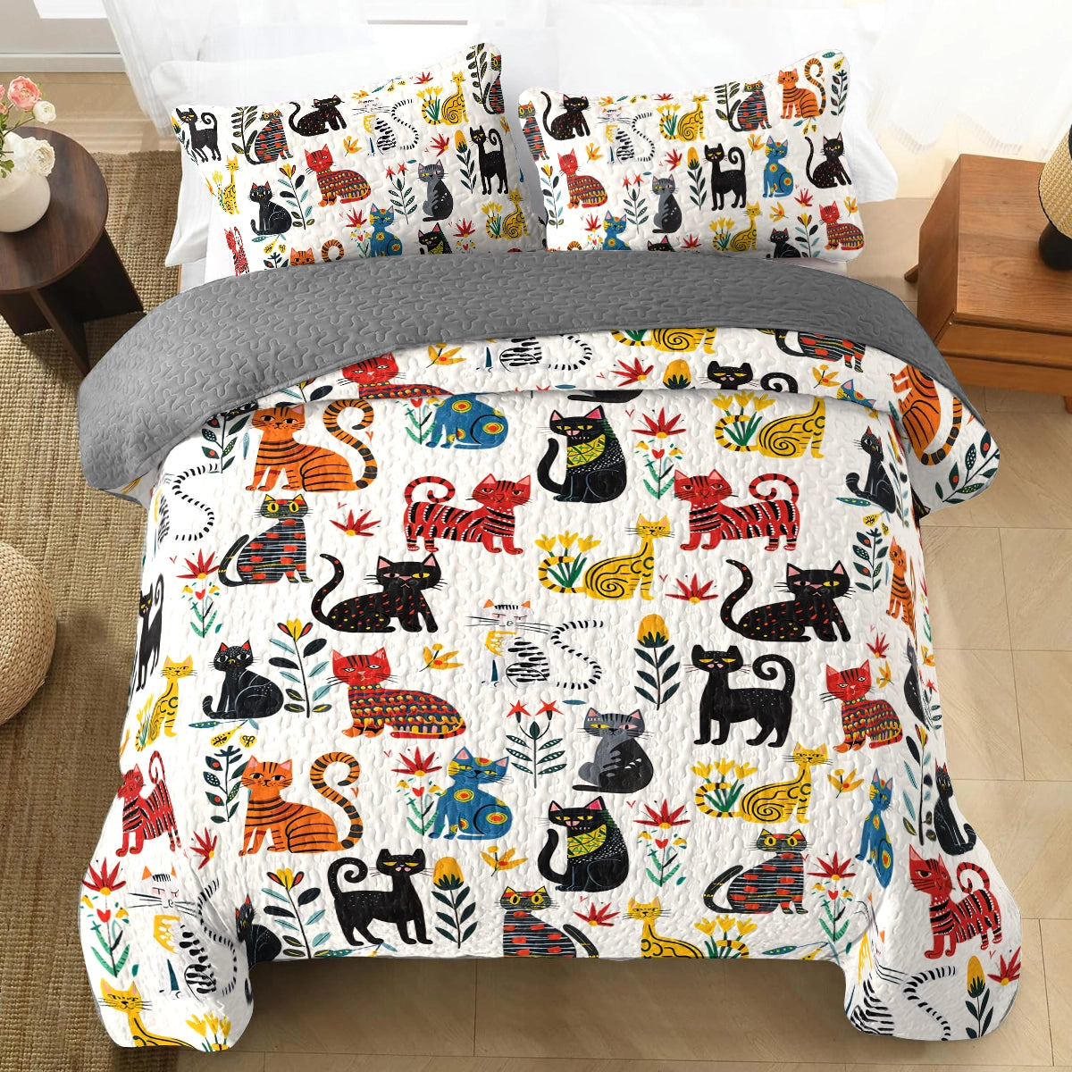 Shineful All Season Quilt 3-Piece Set Cute Whimsical Cat