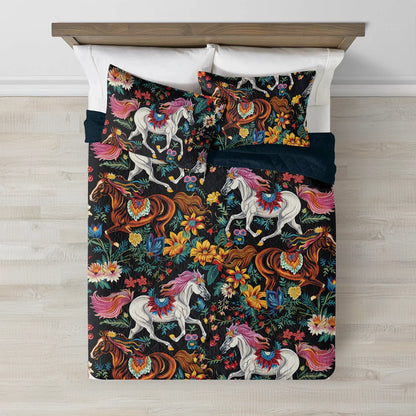 Shineful All Season Quilt 3-Piece Horse Vibrant Flowers