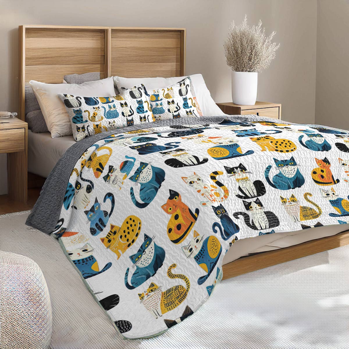 Shineful All Season Quilt 3-Piece Set Blue Pattern Cat