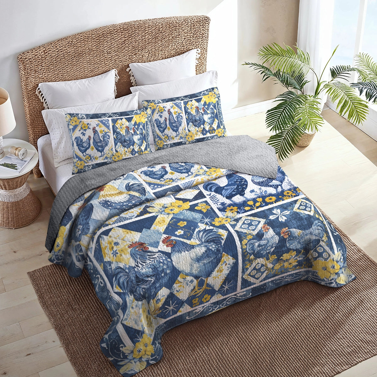 Shineful All Season Quilt 3-Piece Set Blue Rooster