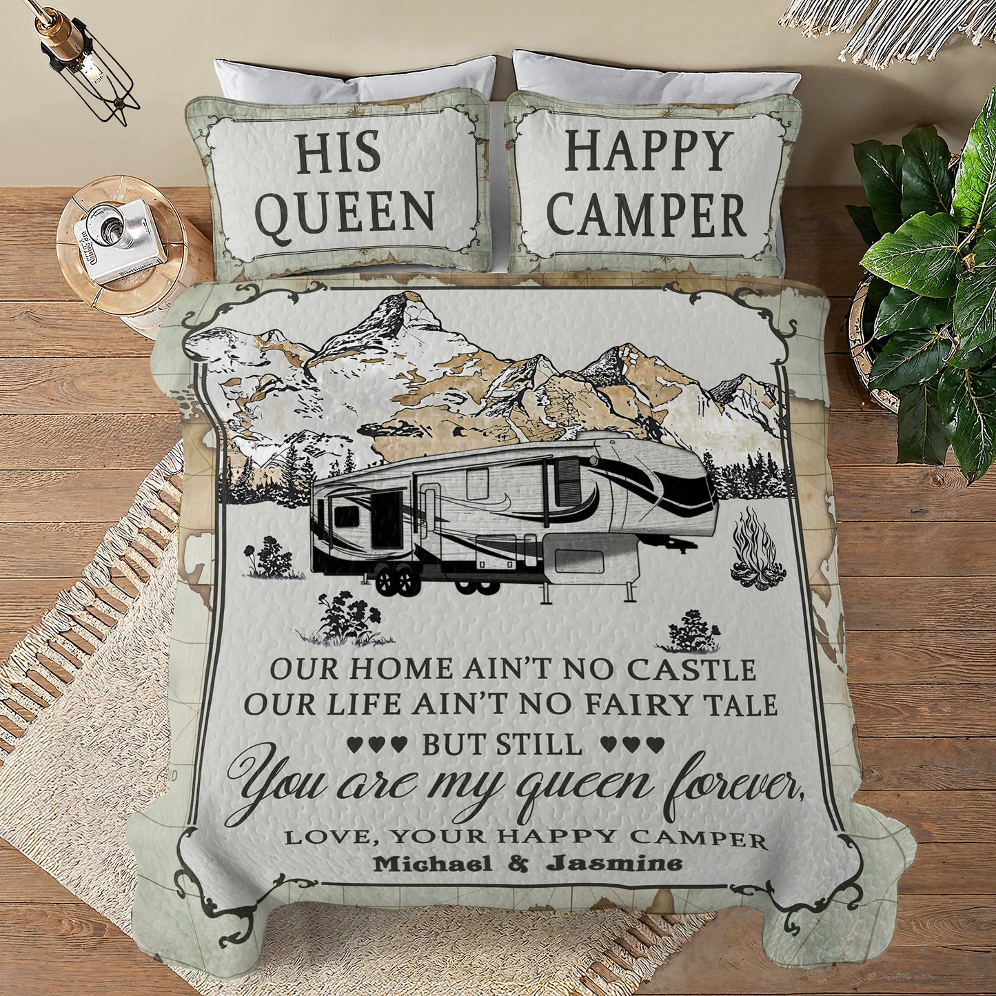 Shineful All Season Quilt 3-Piece Set Personalized Camping Map My Queen