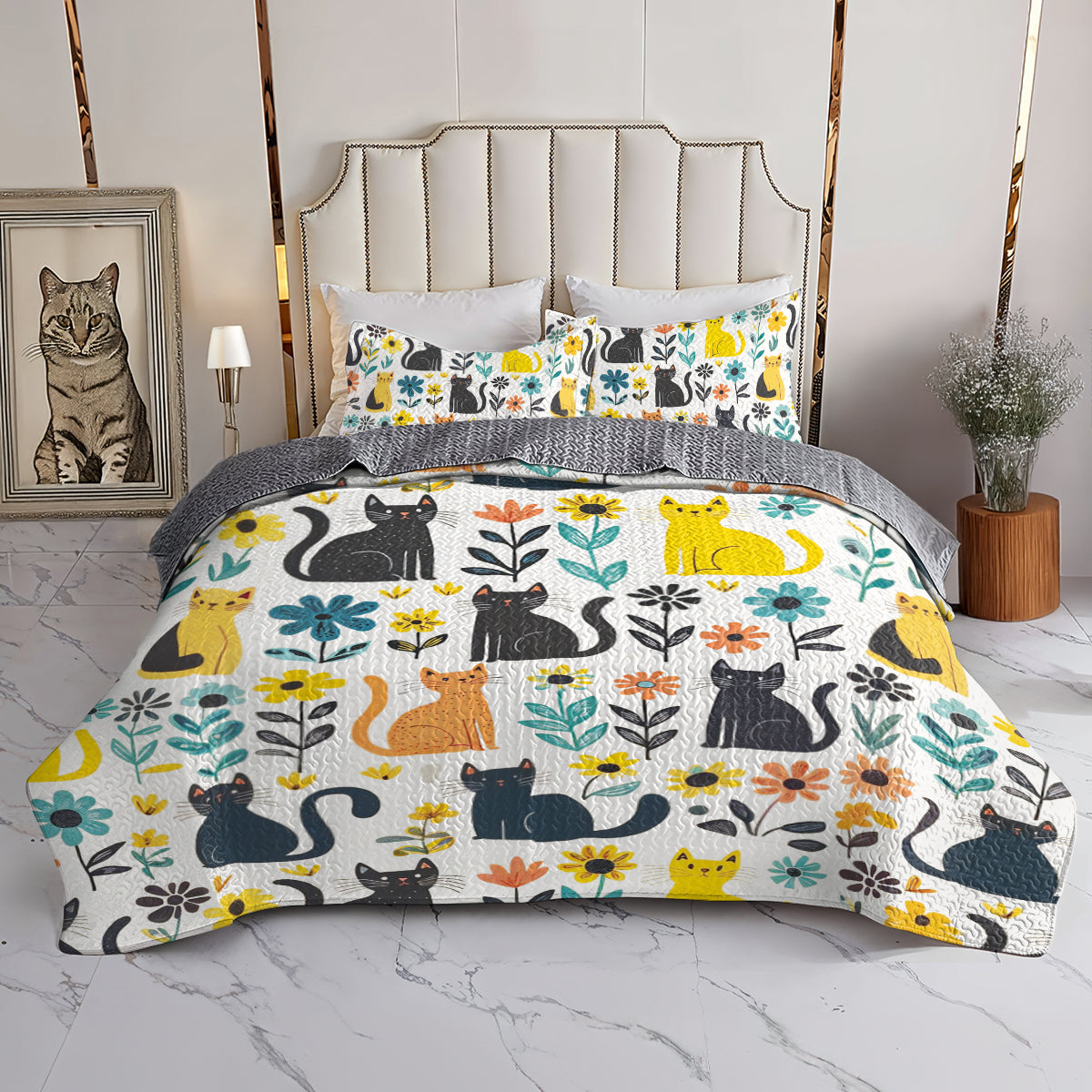 Shineful All Season Quilt 3-Piece Set Floral Cats