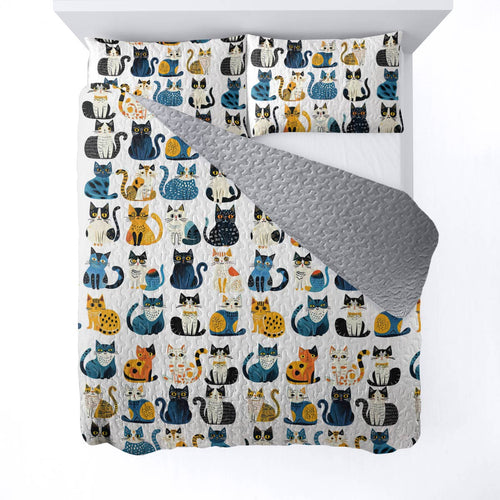 Shineful All Season Quilt 3-Piece Set Blue Pattern Cat