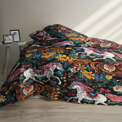 Shineful All Season Quilt 3-Piece Horse Vibrant Flowers