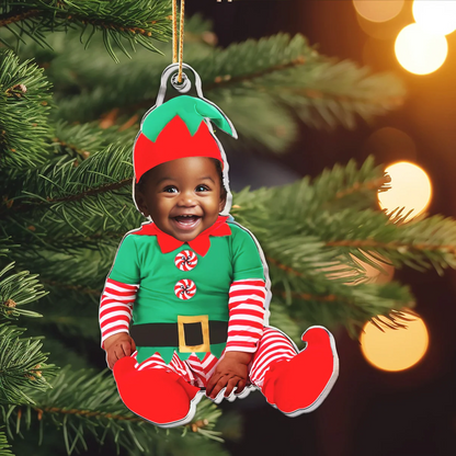 Adorable Newborn Baby Elf - Personalized Babys Photo First Christmas Ornament