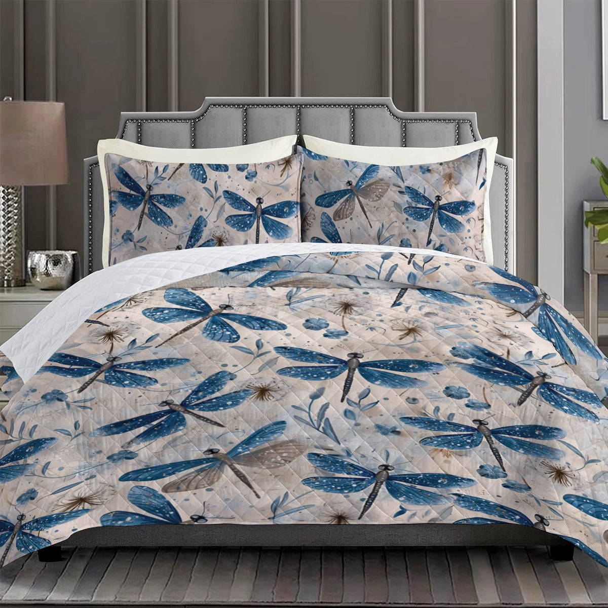 Shineful All Season Quilt 3-Piece Set Blue Dragonfly Whispers