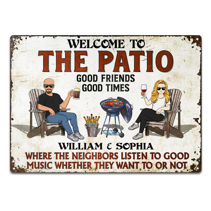 Shineful The Patio Grilling Listen To The Good Music Couple Husband Wife Pride - Backyard Sign - Personalized Metal Signs