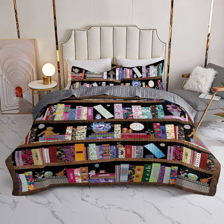 Book Lover Shineful All Season Quilt 3-Piece Set Vintage Bookshelf
