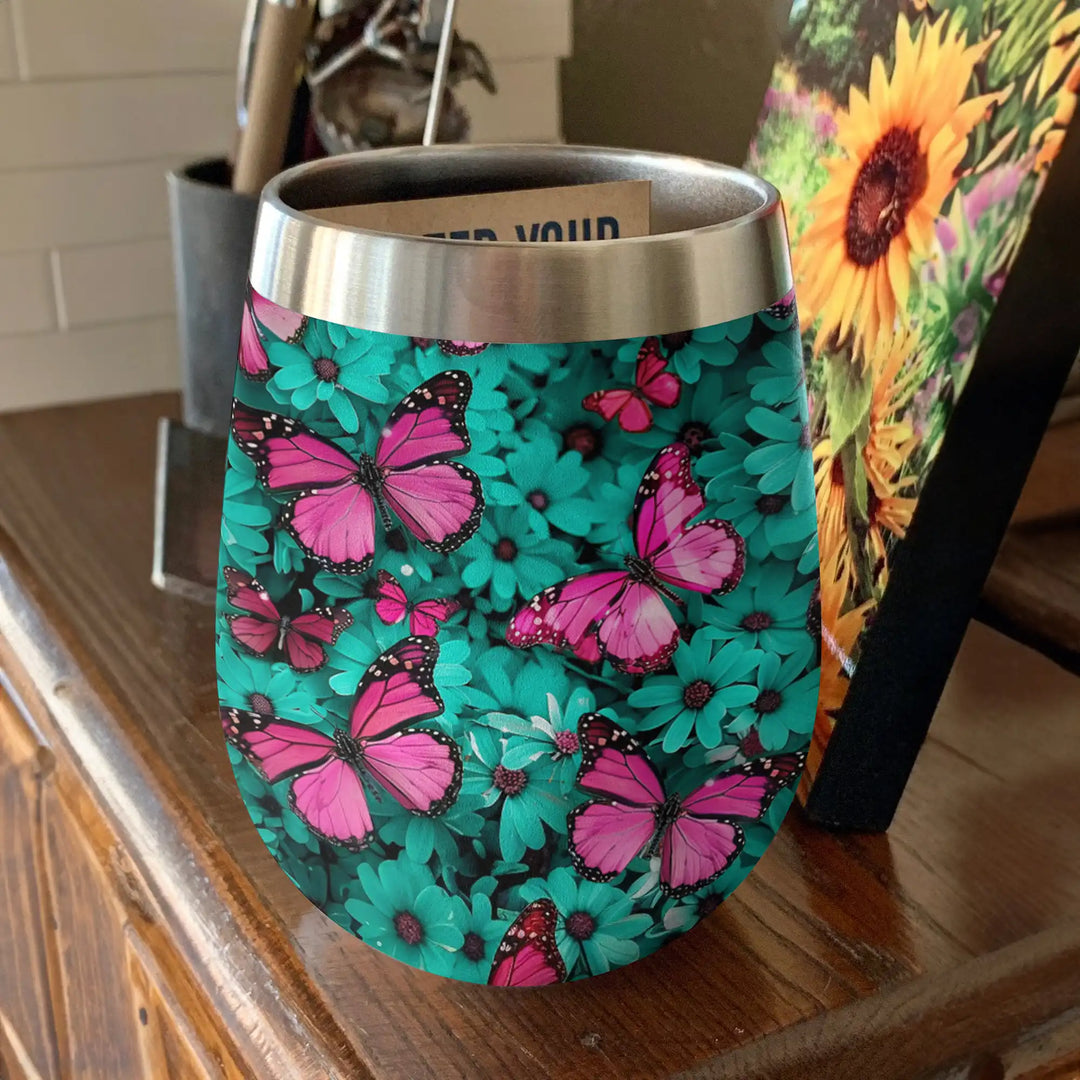 Shineful Wine Tumbler Butterfly Turquoise Blooms