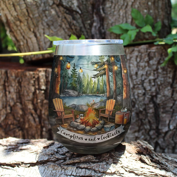 Camping 12 Oz Shineful™ Wine Tumbler Campfire And Cocktails Mn8 12Oz