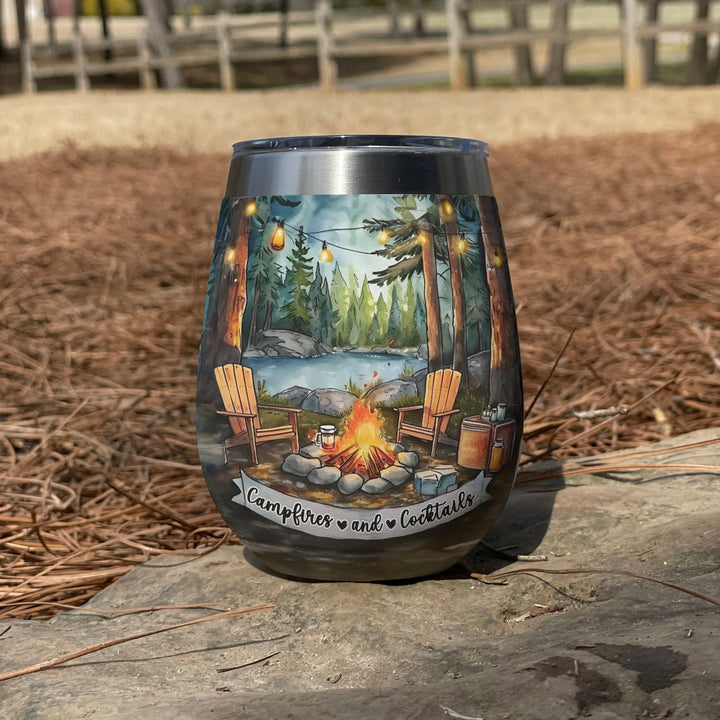 Camping 12 Oz Shineful™ Wine Tumbler Campfire And Cocktails Mn8 12Oz