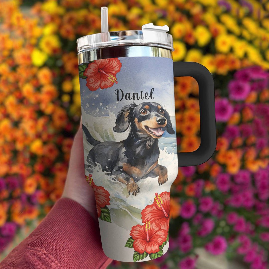 Shineful™ Personalized Tumbler Beautiful Dachshund Hibiscus Flowers