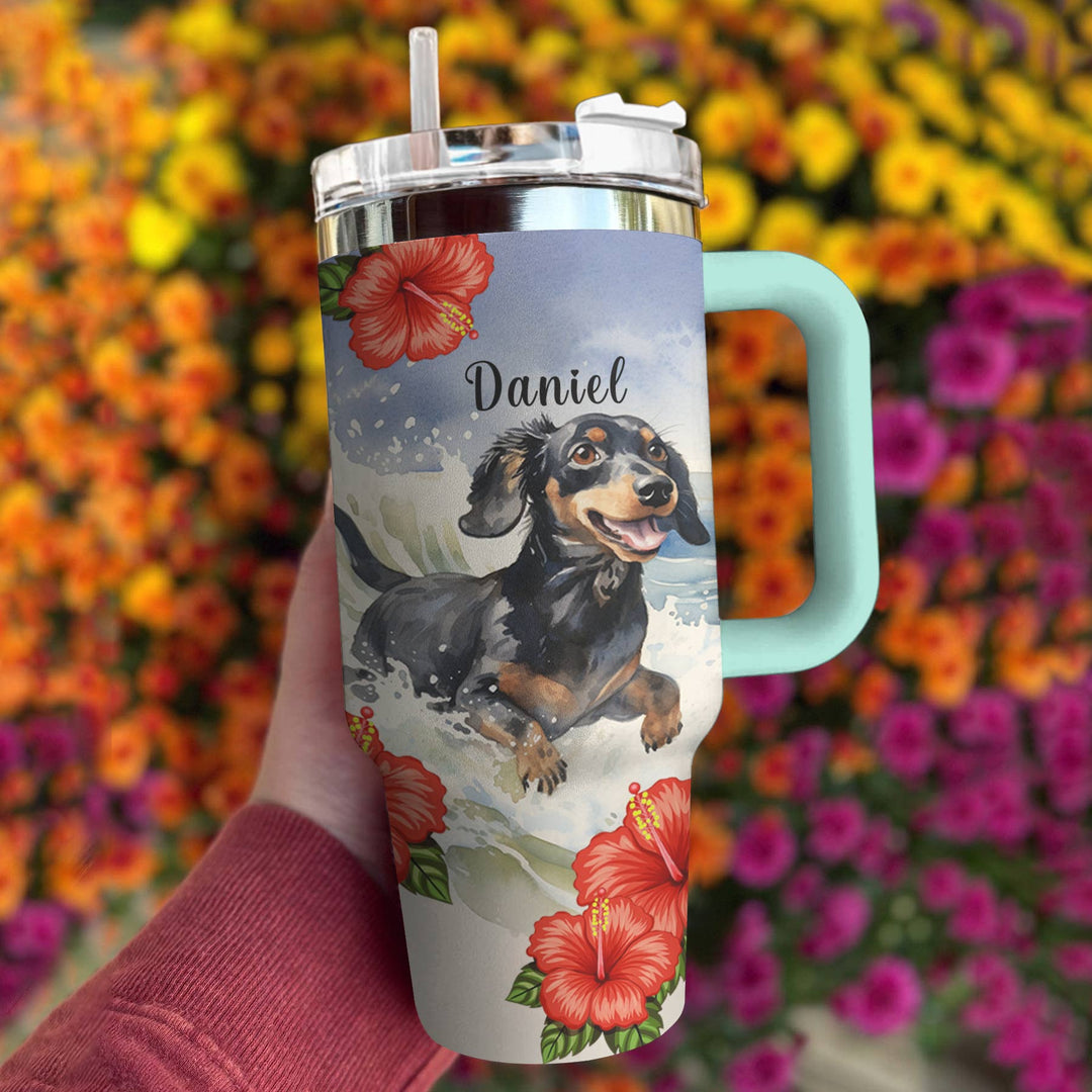 Shineful™ Personalized Tumbler Beautiful Dachshund Hibiscus Flowers
