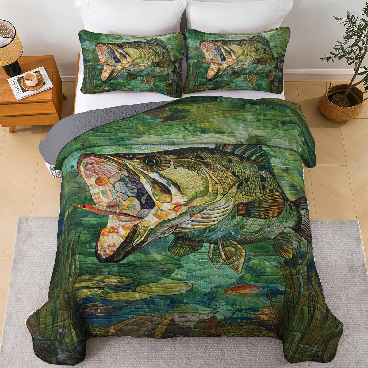 Shineful All Season Quilt 3-Piece Set Strength Largemouth Bass