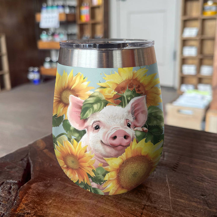 Shineful Wine Tumbler Pig In Sunflowers