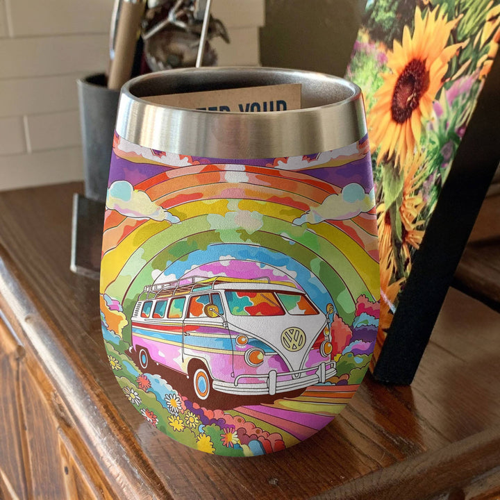 Shineful Wine Tumbler Rainbow Hippie Van