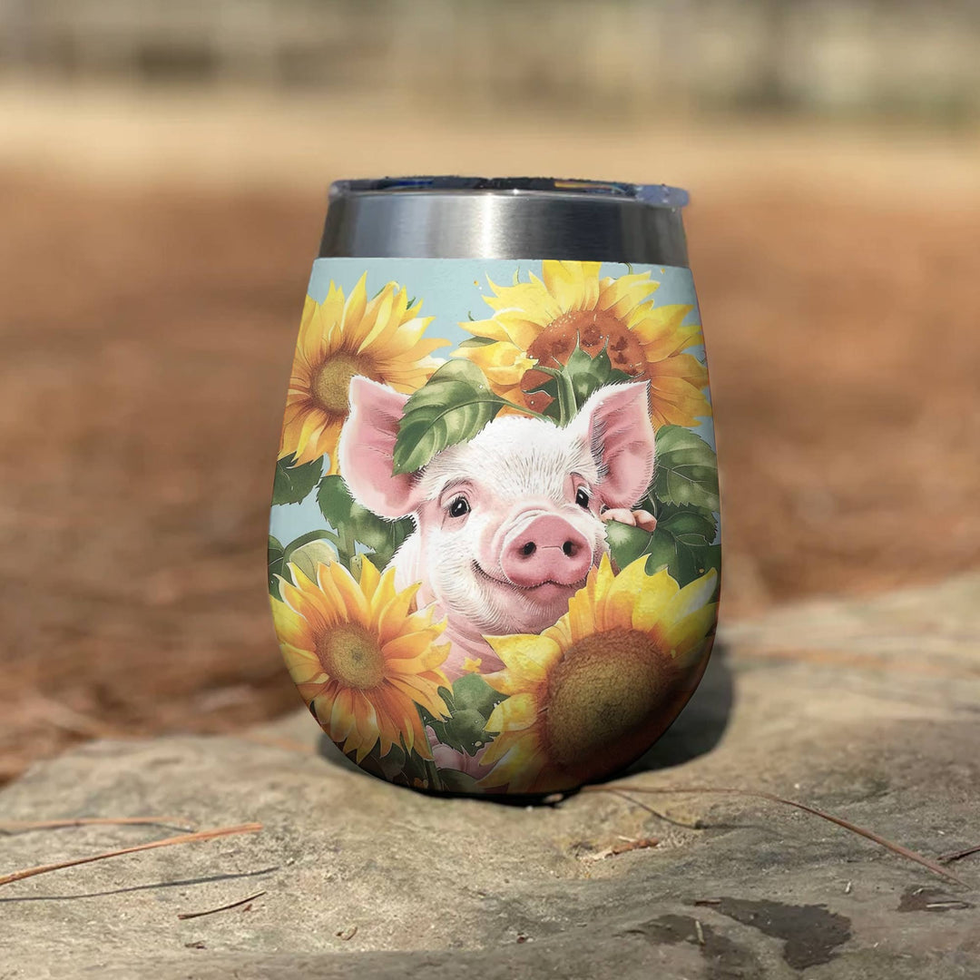 Shineful Wine Tumbler Pig In Sunflowers