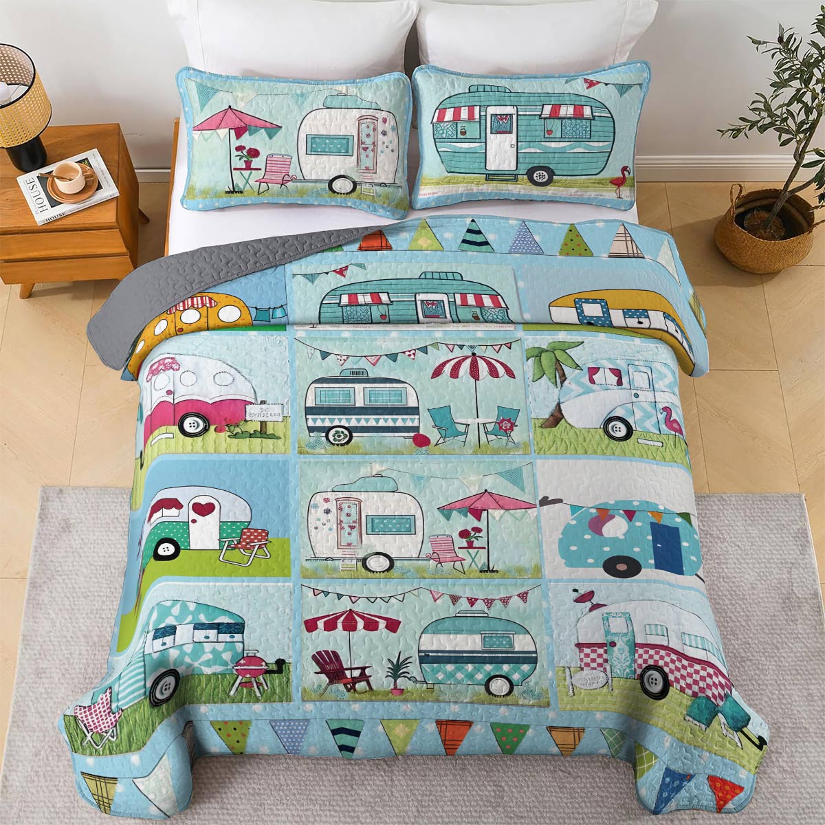 Shineful All Season Quilt 3-Piece Set Colorful Campervans