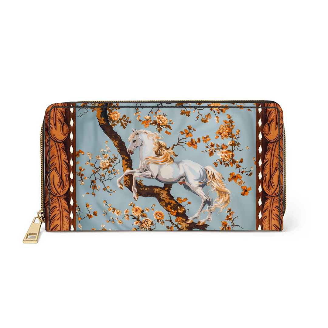 Equestrian Blossom Leather Clutch Purse With Wristlet Strap Handle
