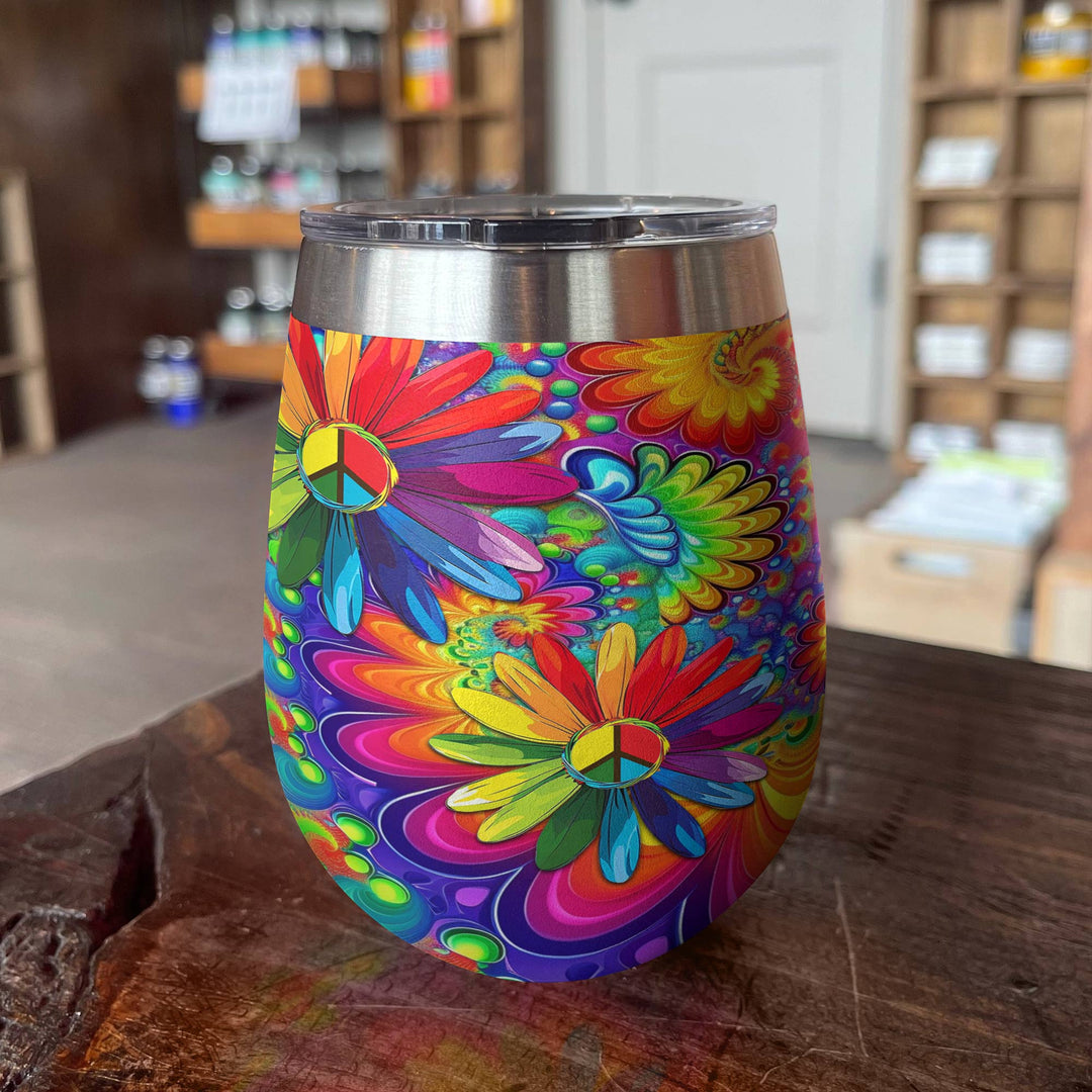 Shineful™ Wine Tumbler 12 oz Hippie Gorgeous Rainbow Flowers