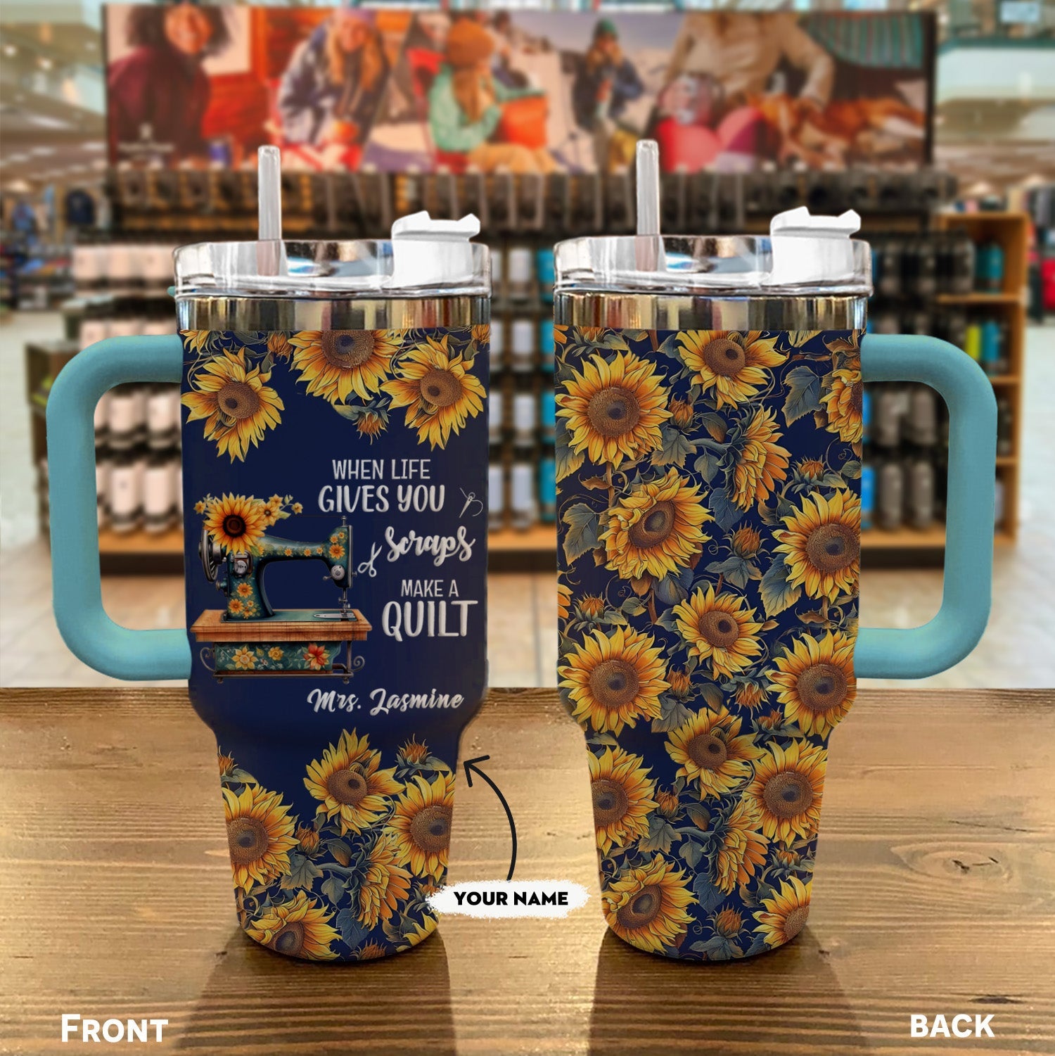 Quilting 40 Oz Shineful™ Tumbler Personalized Make A Quilt Sunflower Mn8 Sky Blue 40Oz