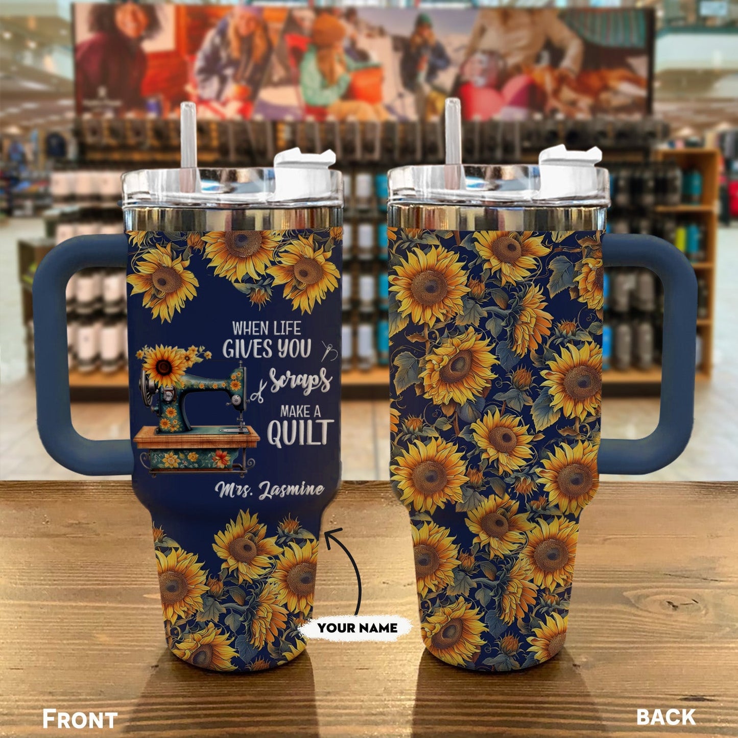 Quilting 40 Oz Shineful™ Tumbler Personalized Make A Quilt Sunflower Mn8 Navy 40Oz